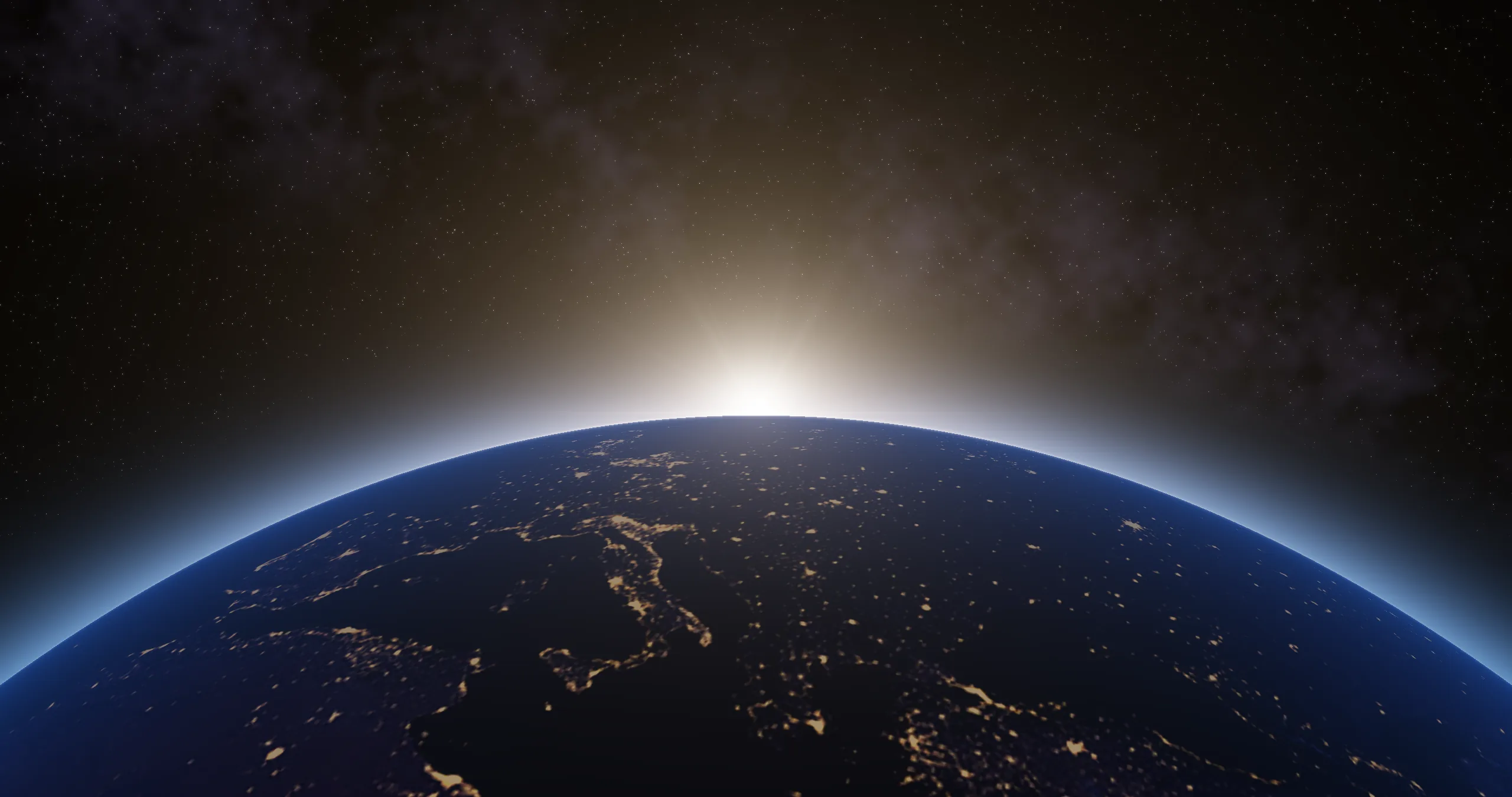 Earth at night seen from space, with city lights and the sun rising over the horizon